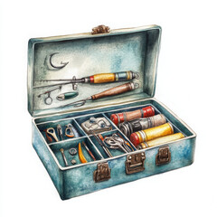 Illustration painted boho style shows tackle box with fishing equipment inside