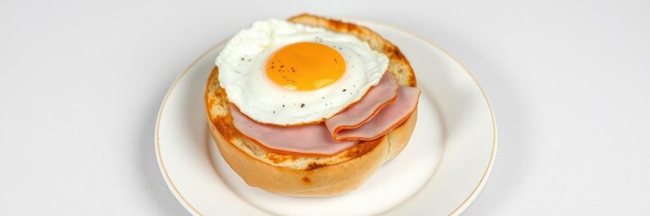 toasted bagel with a perfectly cooked egg and thinly sliced ham placed on a clean plate, egg, toast