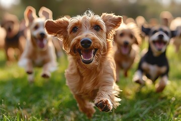 A joyful group of dogs running freely in a sunlit park, showcasing their playful nature amidst a vibrant green landscape