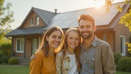 Happy Caucasian family in front of house with solar panels, sustainable living