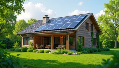 Obraz premium Eco-Friendly Home with Solar Panels on Roof, Sustainability