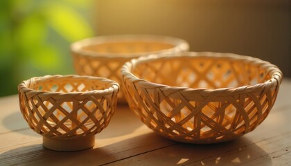 Three Wicker Baskets on Wooden Surface, Sustainability concept.