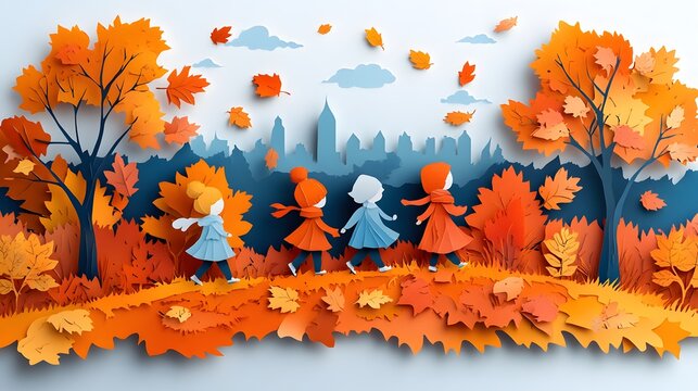 Children playing in autumn leaves, colorful fall holiday moment, warm and inviting vector paper cut scene