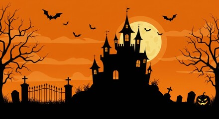 Halloween, spooky silhouette, haunted castle, orange sky, full moon, bare trees, bats flying, eerie atmosphere, gothic architecture, panoramic view, dark shadows, jack-o'-lantern, graveyard