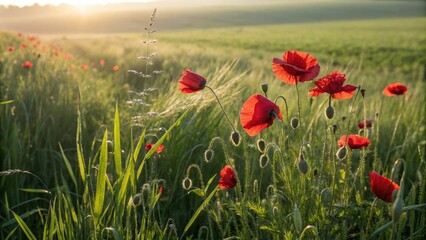 Red poppies stand tall among a carpet of soft green grass as the warm summer sun shines down on the lush meadow, garden, summer meadow, red poppies, green grass