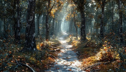 Fototapeta premium Sunlit Path Through Autumnal Forest Trees