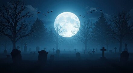 Spooky moonlit graveyard, silhouettes of tombstones, bare trees, fog, eerie atmosphere, dark blue tones, full moon, birds flying, misty