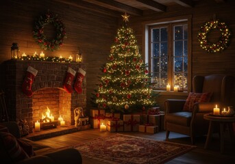 Cozy Christmas living room, warm fireplace, decorated Christmas tree, twinkling lights, wrapped presents, festive wreath, candles
