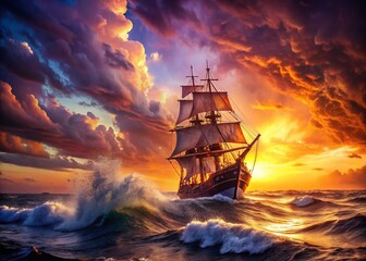 Obraz premium Dramatic Sunset Storm Sea Sailing Old Ship Stock Photo