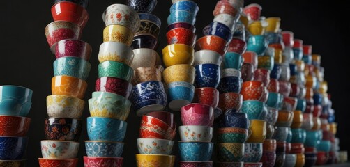Fototapeta premium Tower of colorful porcelain cups stacked on top of each other against a dark background, decorative tableware, stacked cups, ceramic cup tower