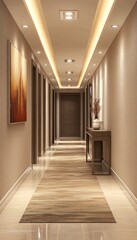 Hotel corridor interior design, recessed lighting, elegant decor, calm atmosphere, architectural rendering