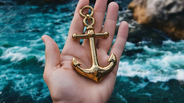 Golden Anchor Held in Hand Against Turquoise Ocean Waves Symbolizing Stability and Reliability
