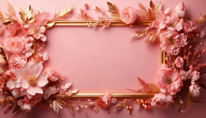 A pastel pink background with a delicate rose gold flower frame surrounding a blank space.