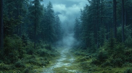 Obraz premium Misty Forest Path Enveloped In Deep Green Trees