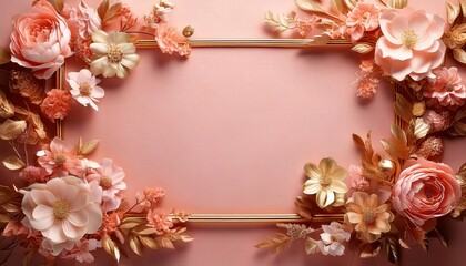 A pastel pink background with a delicate rose gold flower frame surrounding a blank space.