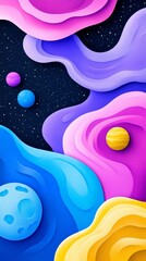 Cosmic Abstract Art: Planets and Nebulae - Vibrant abstract artwork depicting planets and nebulae in a cosmic landscape.  Bold colors and fluid shapes create a dreamy, otherworldly scene.