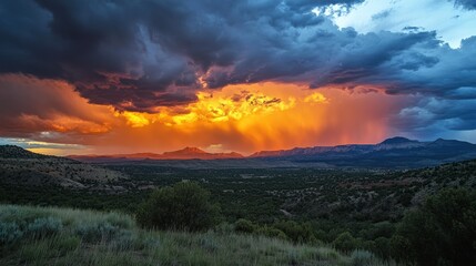 A stunning sunset over mountains with dramatic clouds and vibrant colors illuminating the sky.