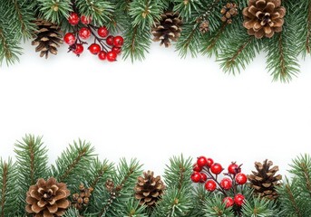 Christmas border, evergreen pine branches, frosted needles, red berries, pine cones, white background, festive holiday decoration