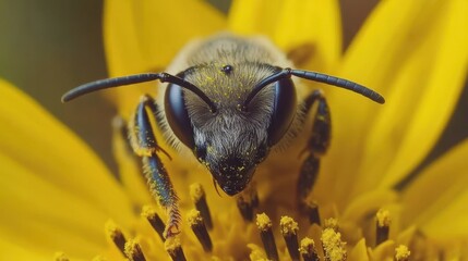 A close-up view of a bee perched on a vibrant yellow flower featuring a distinctive black spot, showcasing nature's intricate beauty and pollination process.