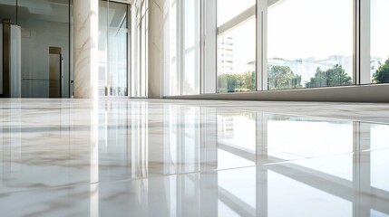 Obraz premium Polished marble floor, modern office, city view, sunlight