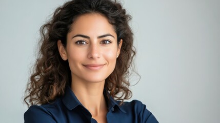 Fototapeta premium Confident portrait of a professional woman. Elegant female with a friendly smile and curly hair. Approachable in business attire, contemporary background, suitable for corporate and lifestyle use.