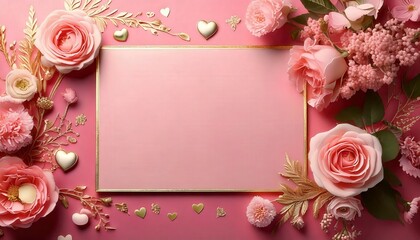 A pastel pink greeting card with a thin rose gold double border and copy space