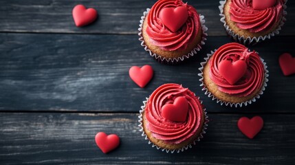 Obraz premium A Trio of Exquisitely Crafted Red Velvet Cupcakes, Adorned with Delicate Heart-Shaped Garnishes and Lavish Swirls of Creamy Frosting, Elegantly Presented on a Rustic Wooden Tabletop, Evoking a Sense o