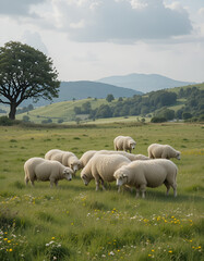 Obraz premium Sheep Grazing in Pastoral Landscape: A tranquil scene of sheep grazing peacefully in a lush green pasture, with rolling hills and a majestic tree in the background.