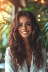 Fototapeta premium Smiling Woman in Bright Setting with Lush Greenery and Natural Sunlight