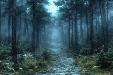 Obraz premium Misty Forest Path Stone Road Through Trees