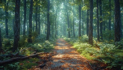 Obraz premium Sunlit Forest Path Autumn Leaves Morning Mist