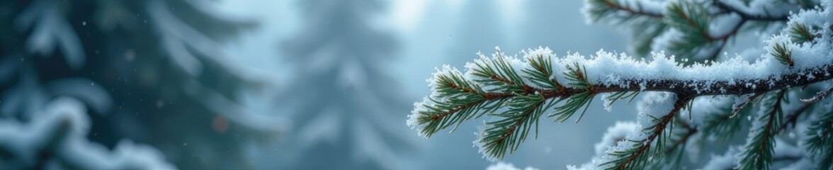 Bare fir branches frost over with ice crystals, frozen, rime, branch