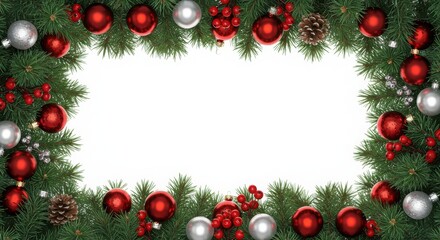 Christmas border, pine branches, red and silver ornaments, berries, white background, festive frame, holiday decorations, shiny baubles