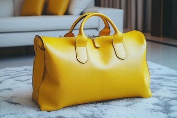 Naklejka premium Stylish Yellow Leather Handbag on Modern Luxury Living Room Carpet