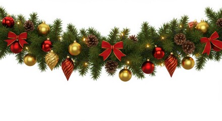 Christmas garland, evergreen branches, red and gold ornaments, pine cones, festive decorations, holiday swag, realistic texture, high detail