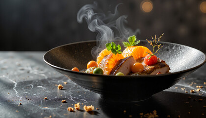 Elegant dish presentation with fruits and steam, culinary artistry
