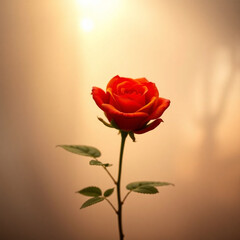 A unique rose flower, modern design, reds oranges yellows, thick fog, warm lighting, low visibility, foggy surroundings.