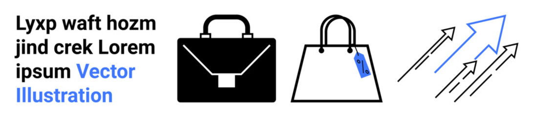 Black briefcase, shopping bag with price tag, and upward-pointing arrows symbolizing commerce, retail, growth, and opportunity. Ideal for business concepts, online stores, promotions success icons