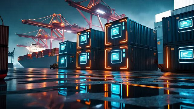 Futuristic shipping port with smart cargo containers, automated cranes, and digital logistics infrastructure at night

