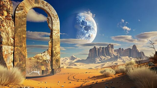 A surreal desert landscape featuring a large arch and a distant planet footage