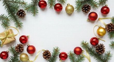 Christmas decorations, pine branches, red and gold ornaments, pinecones, golden ribbon, white background, festive composition, holiday