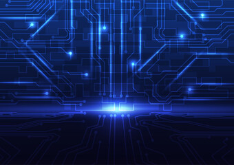 electronic circuit board illuminated with vibrant blue hues against a mysterious black backdrop