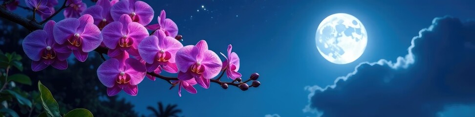 Obraz premium Night blooming flowers illuminate a tree under the bright full moon, orchid, flowers, nightscape