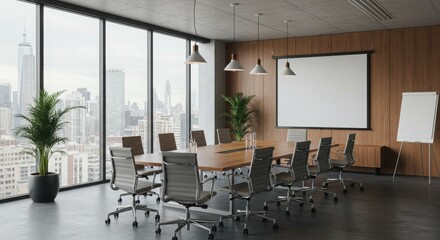Modern corporate meeting room, floor-to-ceiling windows, city skyline view, wooden conference table, ergonomic office chairs, large