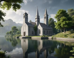 Obraz premium Simple grey concrete church with a tranquil lake and lush greenery in the background, church grounds, park landscape