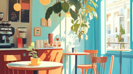 bright and cheerful coffee shop scene featuring colorful decor, plants, and cozy seating. inviting atmosphere encourages relaxation and enjoyment of beverages
