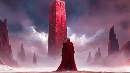 Mysterious figure stands before a towering red monolith in a surreal, desolate landscape at dusk - Powered by Adobe
