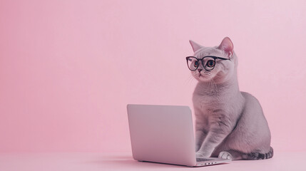 ピンクの背景でメガネをかけてパソコンに向かうかわいい猫のイラスト