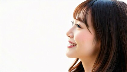 Naklejka premium 微笑む日本人の女子大生の横顔アップ写真：日本人20代モデル。お姉さん