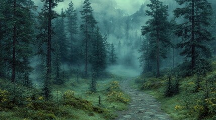Obraz premium Misty Forest Path Winding Through Mountain Trees